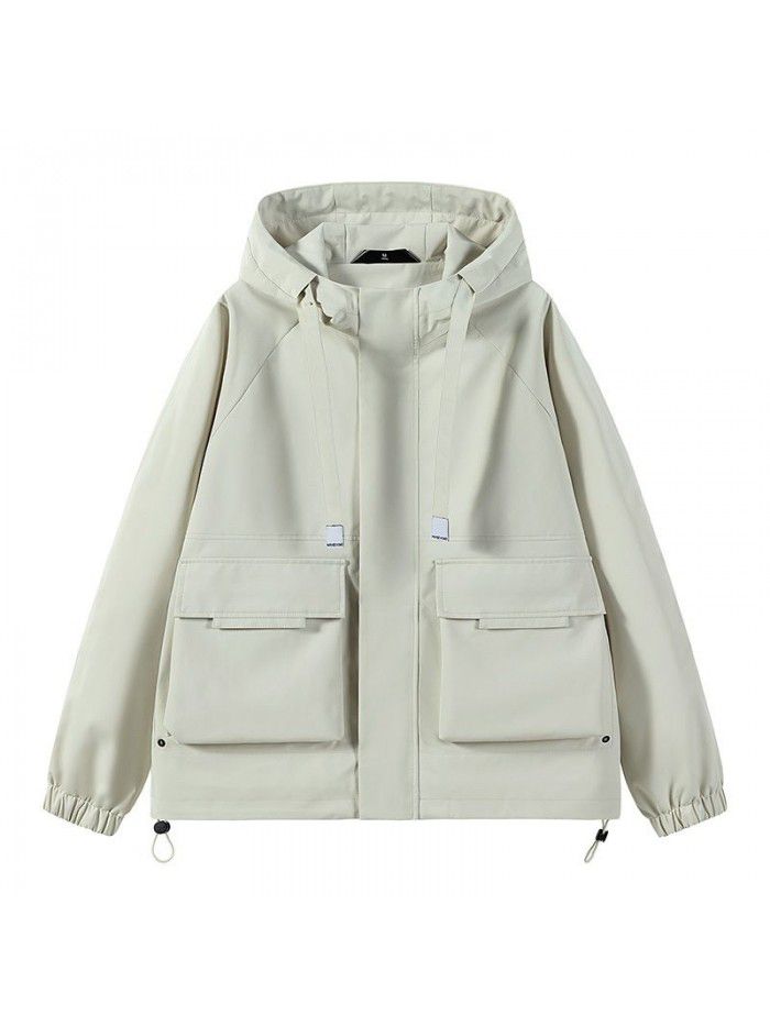 Workwear jacket, loose hooded multi pocket jacket, men's outdoor sports windbreaker, windproof solid color jacket