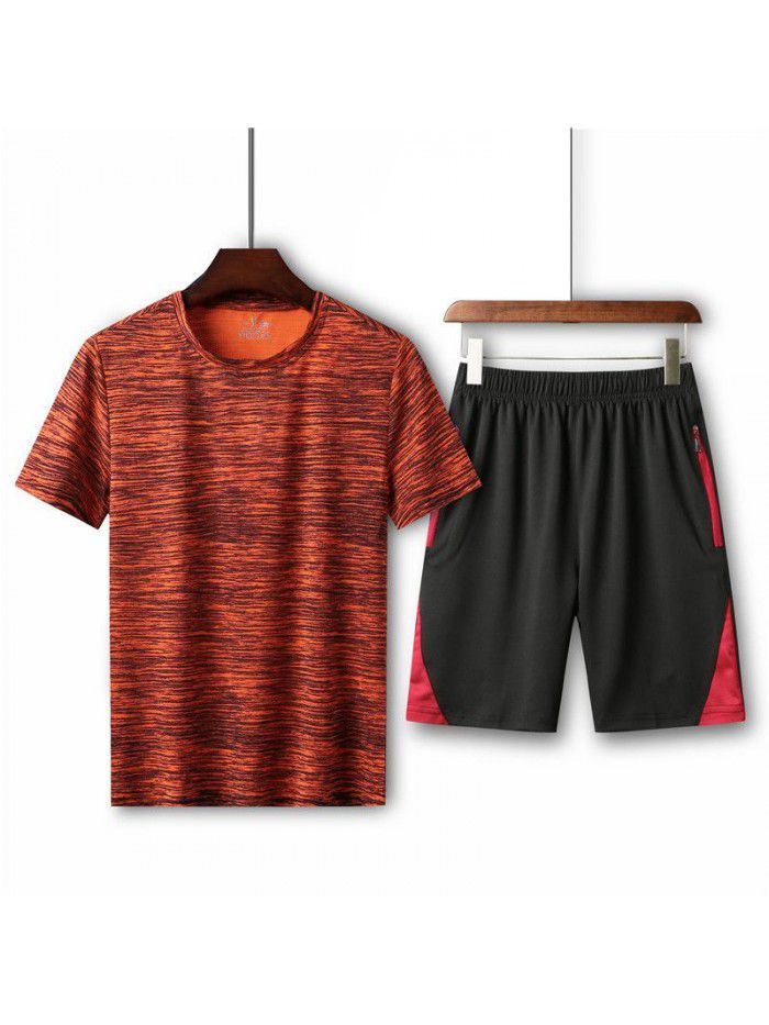 Summer men's loose fitting T-shirt running casual short sleeved round neck quick drying shorts sports set