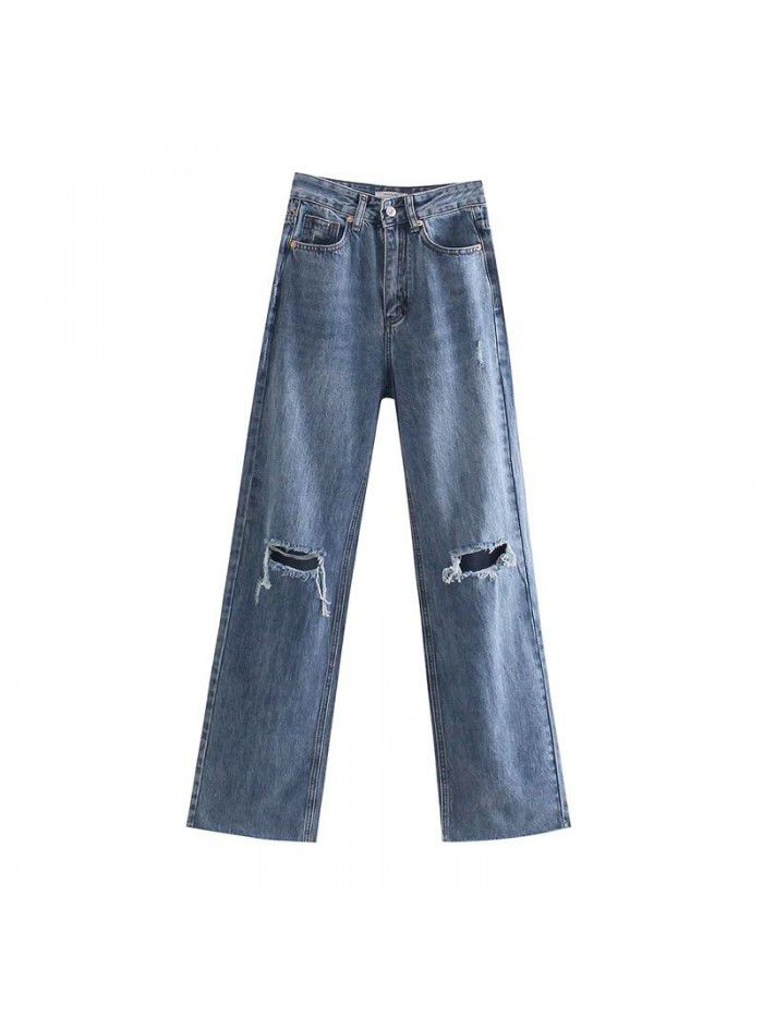 Women's Spring New Style Women's Washable Slim Perforated Decorative Wide Leg High Waist Jeans 