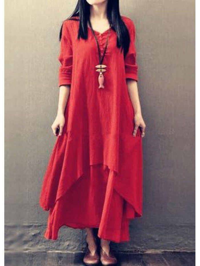 Spring and autumn holiday two-piece long skirt, artistic large linen dress, loose long-sleeved cotton and linen skirt 