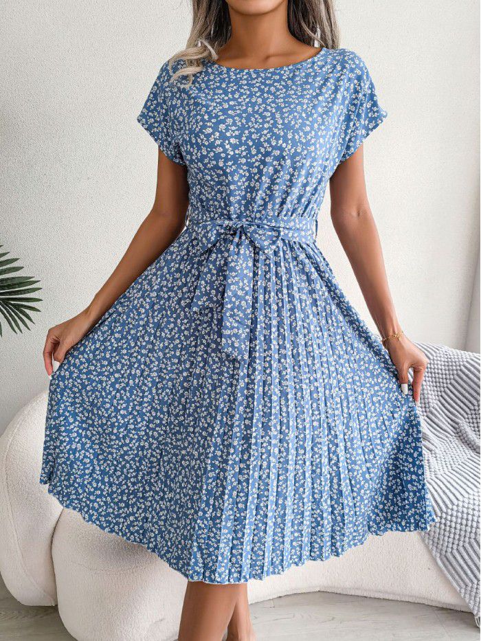 Spring and summer new casual short-sleeved floral pleated skirt 