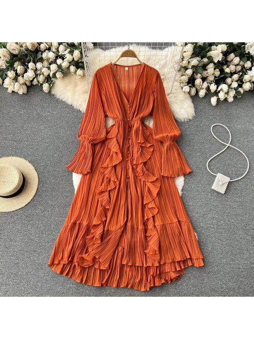Fashionable and Sexy Solid V-Neck Ruffled Flare Sl...