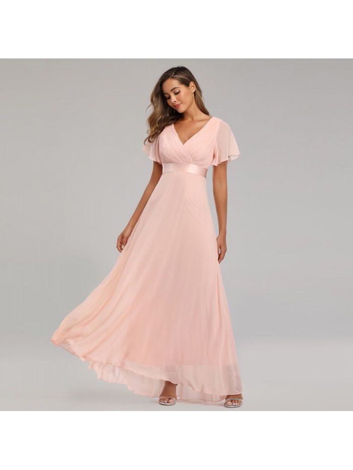Spring/Summer Handmade Folded Big Swing Double V-neck Flare Sleeve Dress Elastic Chiffon Banquet Bridesmaid Large Evening Dress 