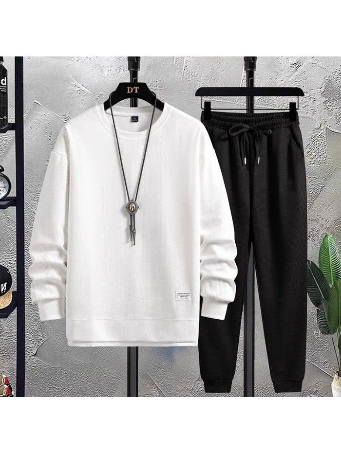 New Men's Leisure Sports Set Men's Fashion Brand Men's Sweater T-shirt Handsome Waffle Autumn Men's Wear 