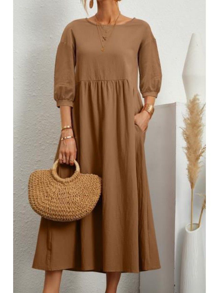 New Women's Solid Color Fashion Lantern Sleeves Loose Cotton Linen Pocket Dress 