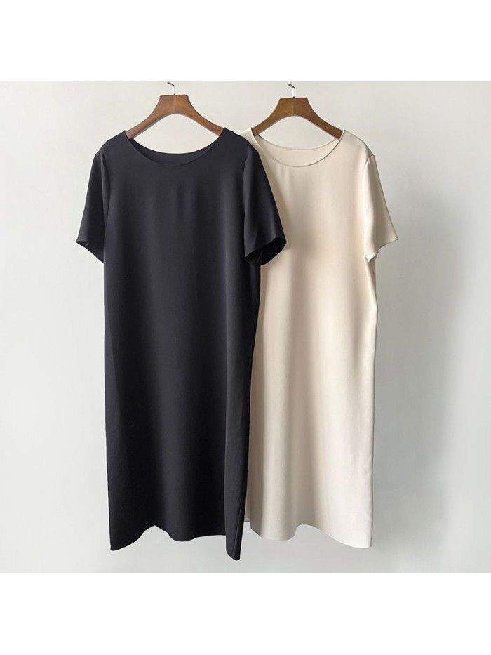 Women's Acetic Acid Short Sleeve Loose fitting Dress Mid length Simple Round Neck Long Dress 