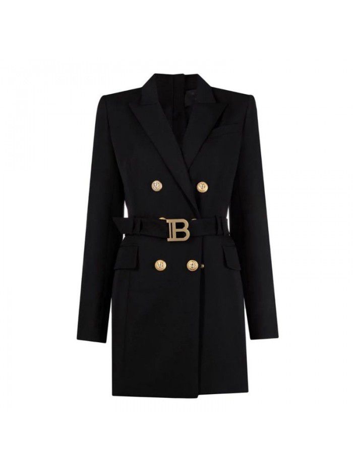 Spring and Autumn New Fashion High grade Solid Color Belt Long Sleeve Slim Fit Temperament Commuter Suit Dress Women 