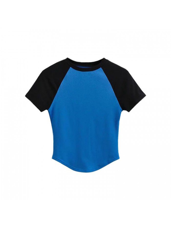 Retro panel contrast hem irregular versatile top summer basic round neck slim short t-shirt women 