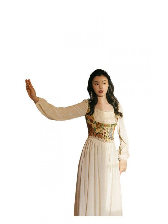 New Real Time Retro Oil Painting Embroidery Spliced Lace up Velvet Dress 