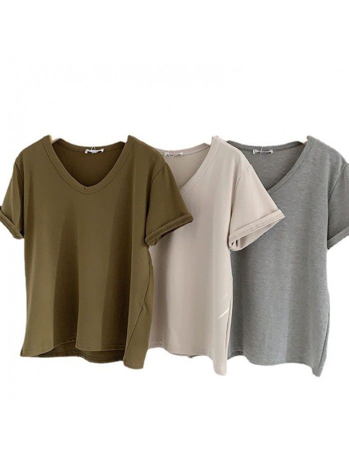 V-neck brushed T-shirt for women's early autumn new product temperament Korean Morandi solid color versatile short sleeved T-shirt for women 