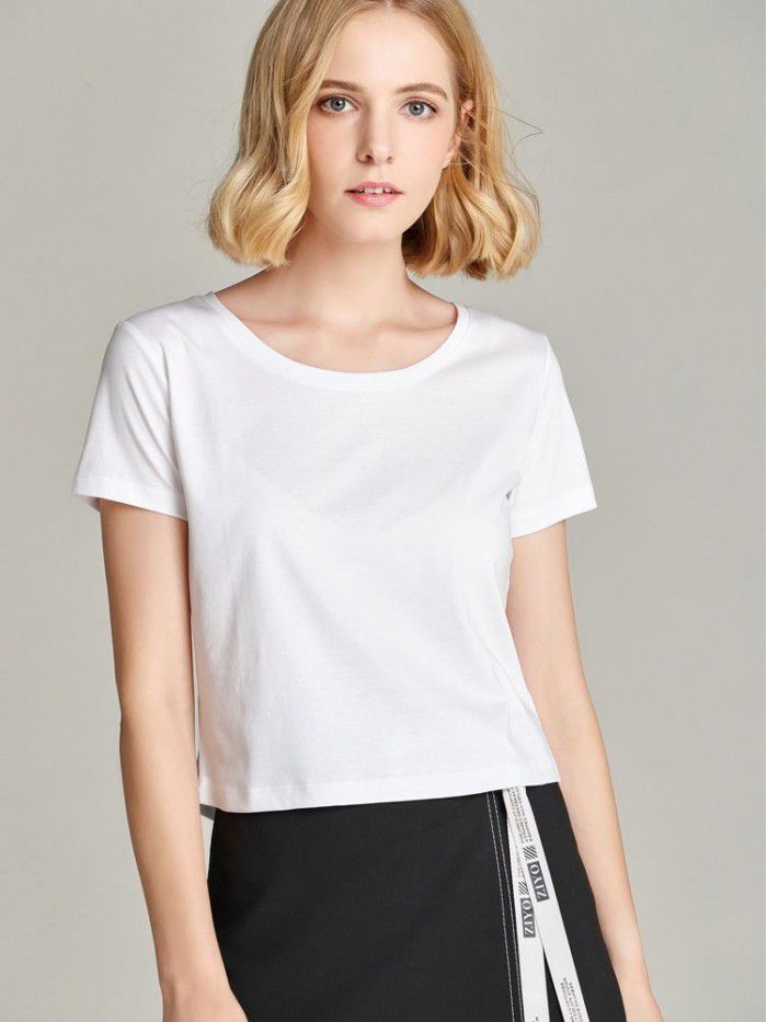 T-shirt Women's Short Cotton High Waist Summer Loose Simple Round Neck Korean Versatile Solid Color T-shirt 