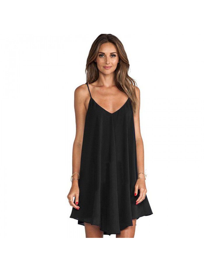 Women's New Loose Size Women's Solid Chiffon Dress Sexy Strap Dress 