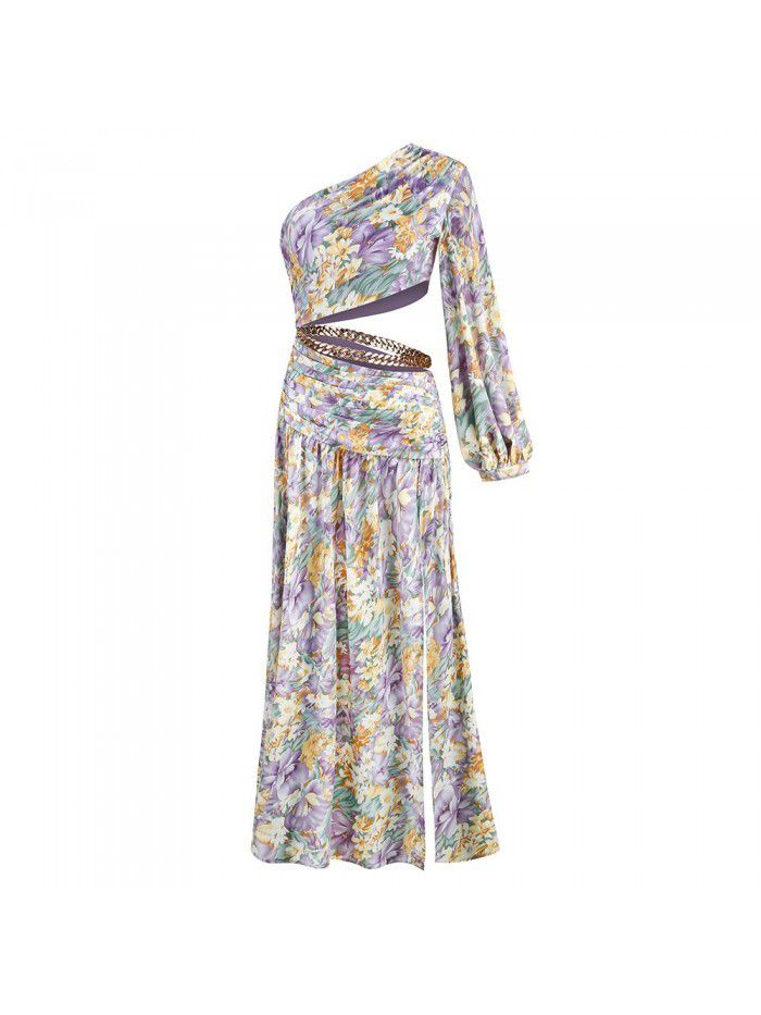 Summer New Women's Sexy Oblique Shoulder One Shoulder Long Sleeve Fragmented Flower Dress Long Dress High end Big Swing Fragmented Flower Dress 