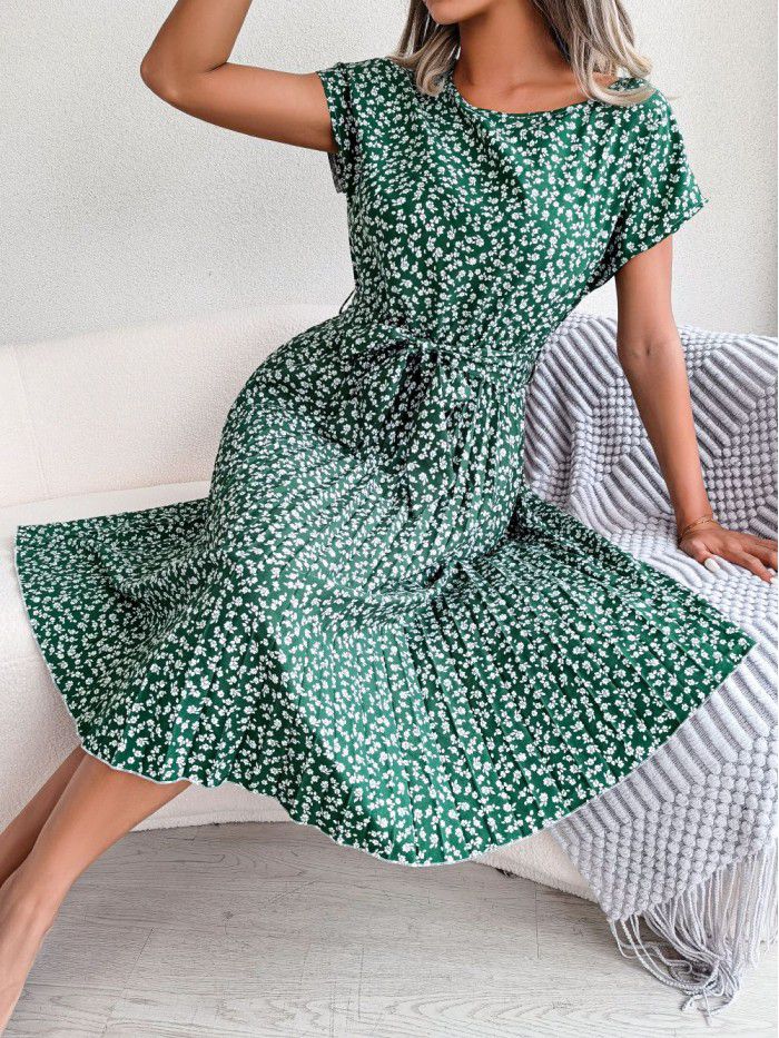 Spring and summer new casual short-sleeved floral pleated skirt 