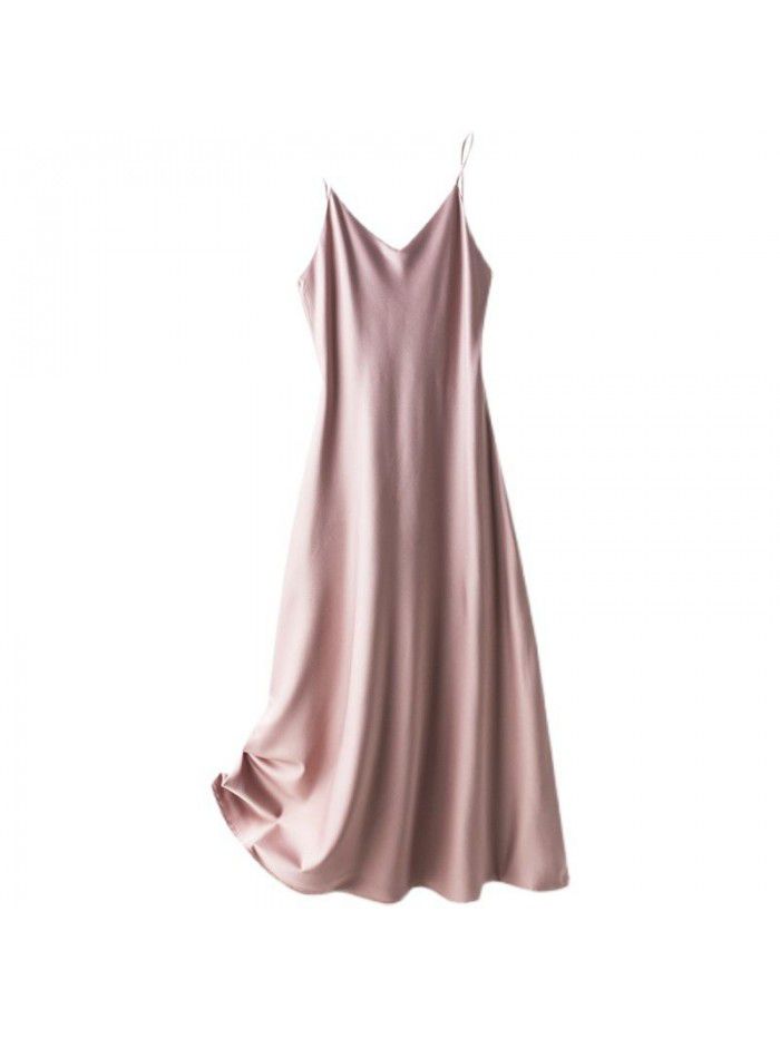 Sling Long Dress Sling Dress Women's Spring/Summer Underlay Suit Temperament French Acetic Acid Satin Long Dress 