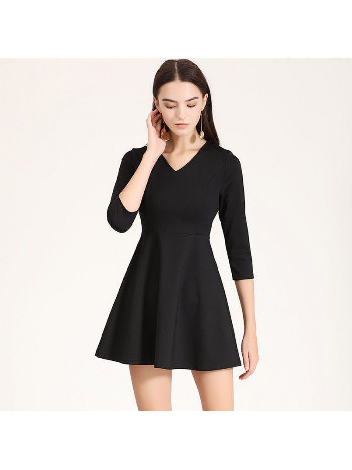 Professional Little Black Dress Autumn Dress New Elegant Slim Fit V-neck 7/4 Sleeve A-line Bottom Dress Work Uniform 