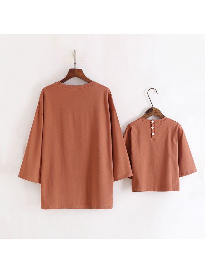 Spring and summer children's clothing, parent-child clothing, baby mid sleeved T-shirt, minimalist mother and child top, medium length style 