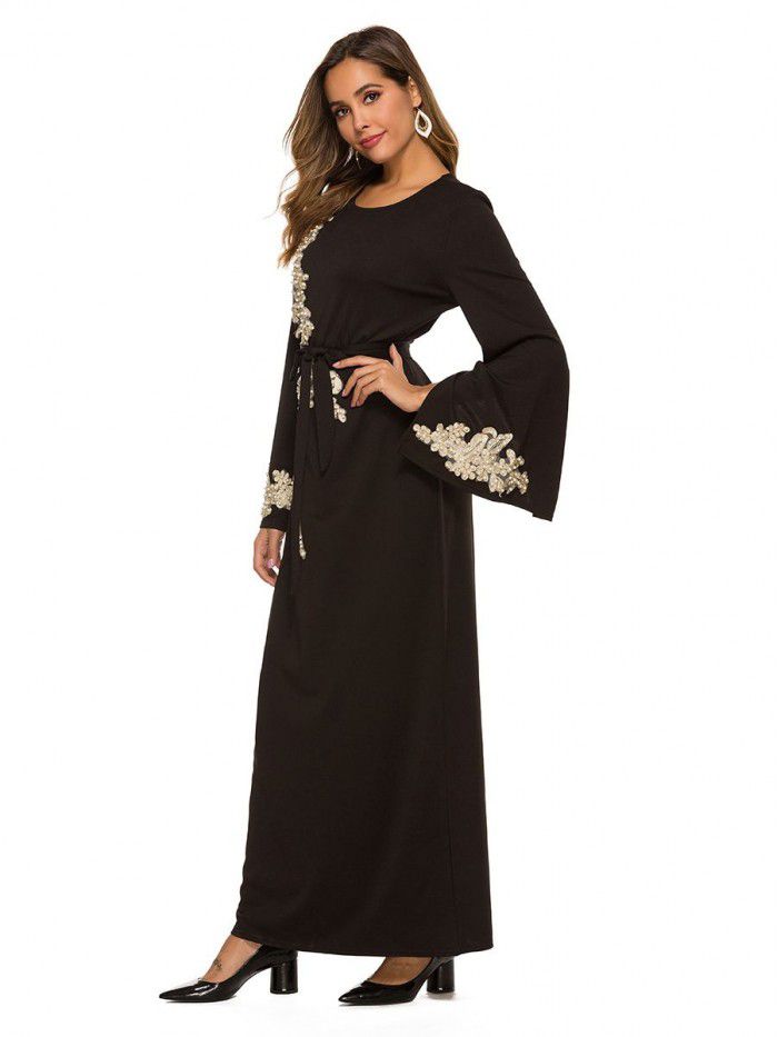New Style Elegant Embroidery Long Dress Lace Beaded Flare Sleeve Lace Long Dress 
