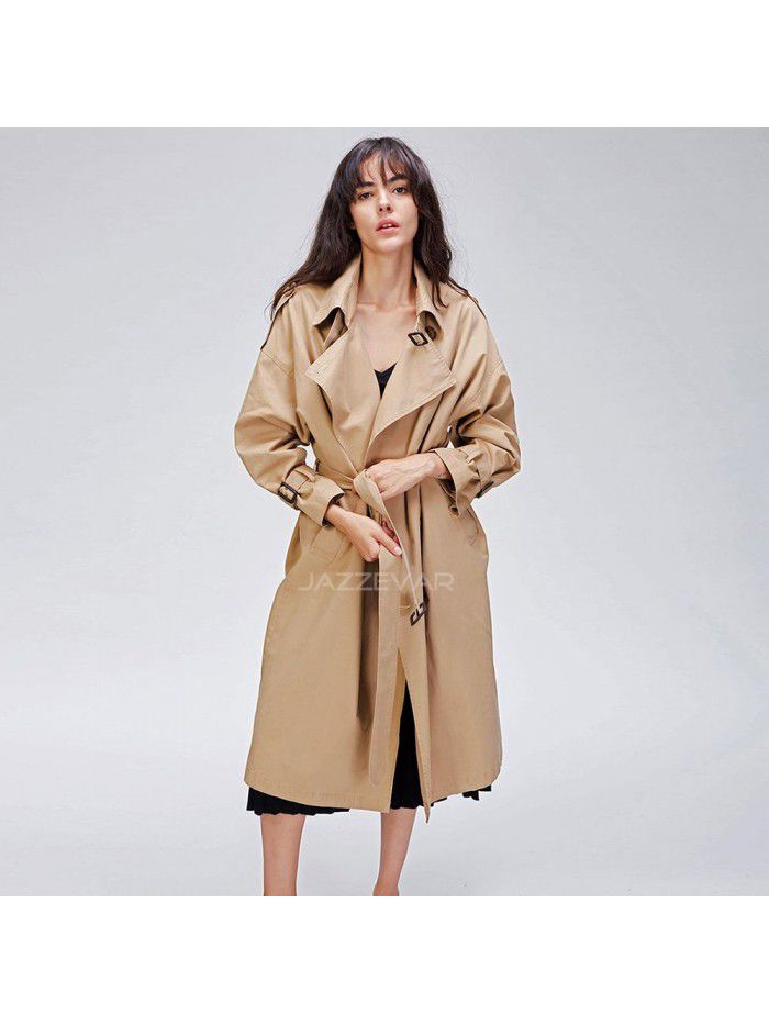 New loose and oversized casual double breasted pure cotton washed long windbreaker women's autumn coat women's coat