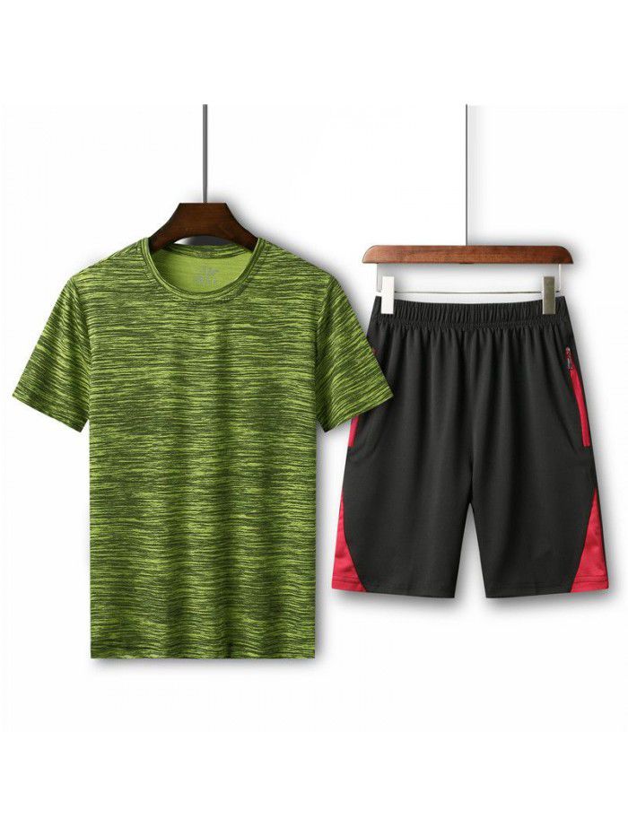 Summer men's loose fitting T-shirt running casual short sleeved round neck quick drying shorts sports set