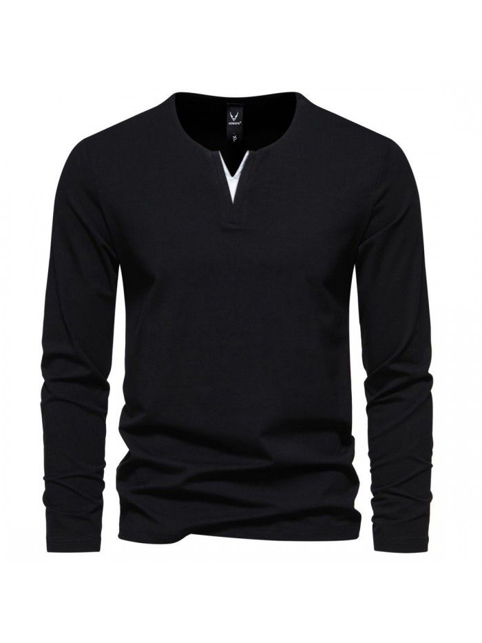 Autumn New Men's Fashion Henley T-shirt V-neck Long Sleeve T-shirt Casual Solid Underlay 