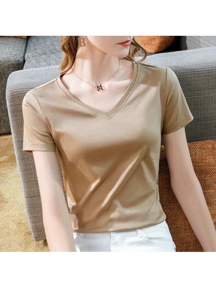 Ice feeling mercerized cotton short-sleeved t-shirt women's new style women's temperament v-neck pure cotton t-shirt pure color high-grade top 