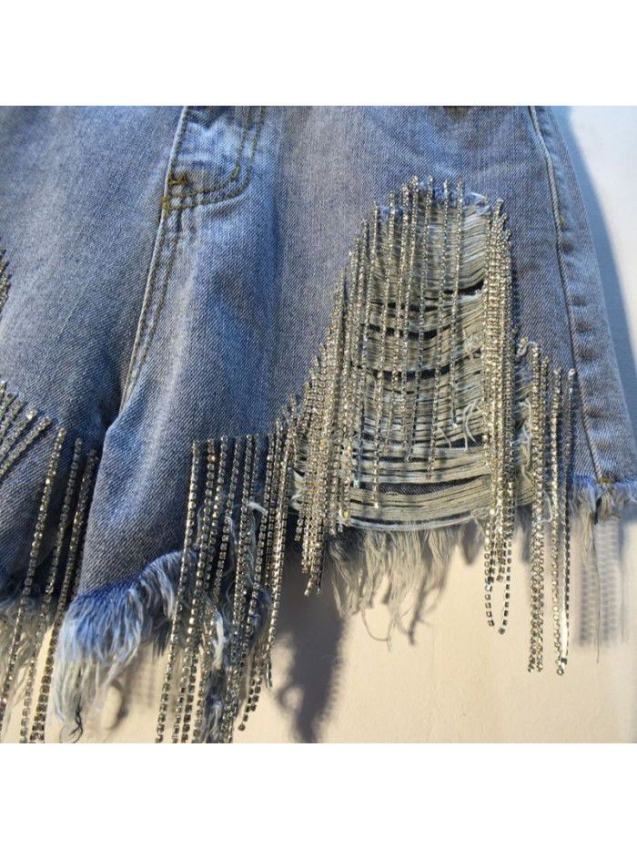 Perforated high waisted rhinestone tassel chain slimming straight denim shorts for women 
