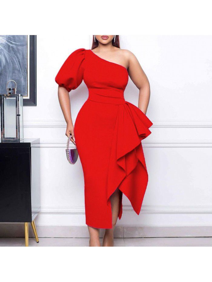 Oblique Neck Split Ruffle Edge Dress Sexy Dress