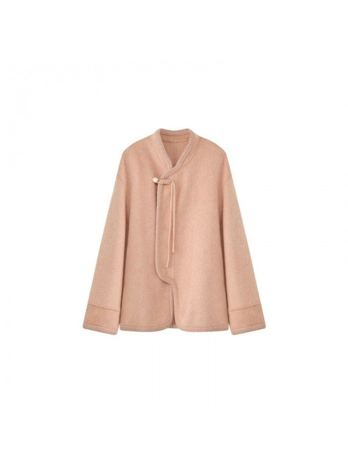 Double sided cashmere coat with button up for women's autumn and winter high-end woolen jacket