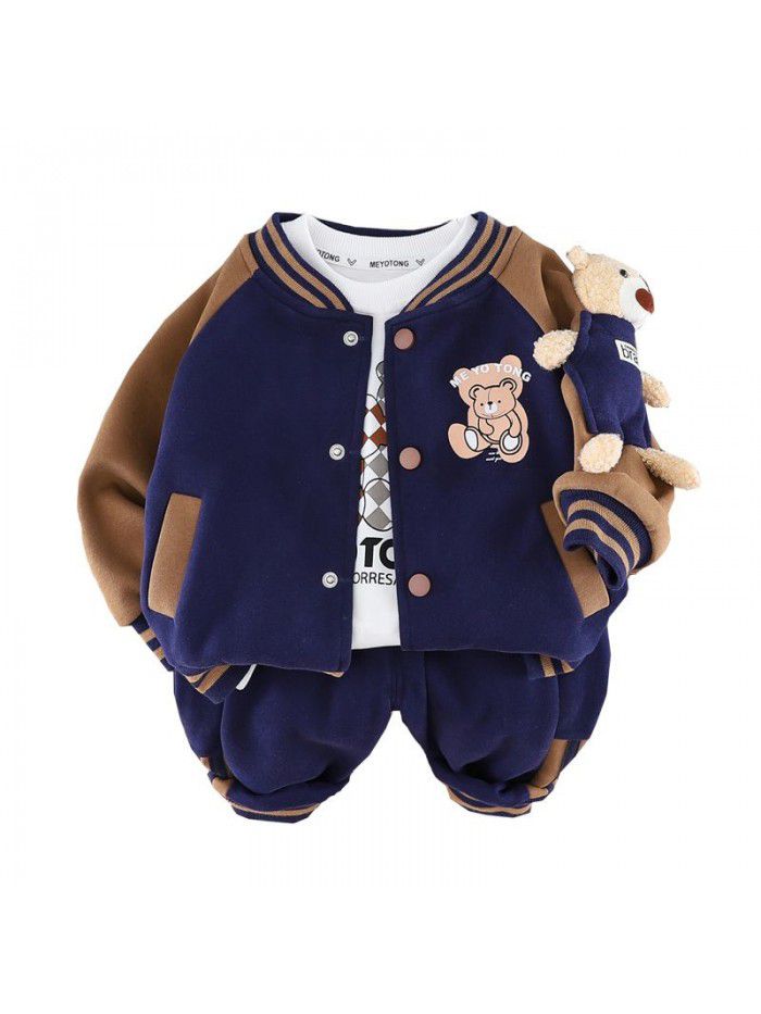 Autumn New Little Bear Baseball Suit Three Piece Cartoon Set 1-5 Year Old Boys' Long Sleeve Sports Set 