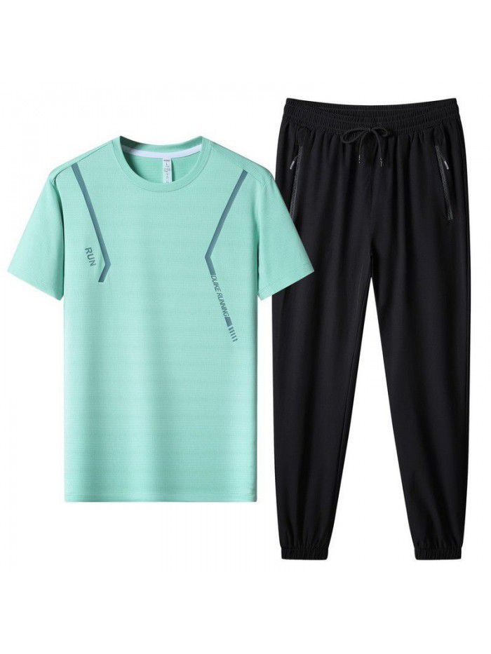New High Quality Men's Ice Silk T-shirt Round Neck Short Sleeve Set Outdoor Sports Casual Pants Summer Two Piece Set 