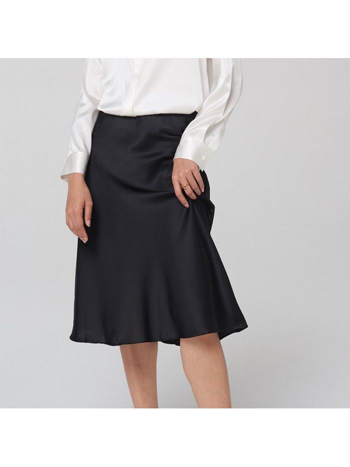 Silk Women's Summer Pear Shape Body Half Skirt Summer Temperament Slim Fit A-line Skirt Commuter Solid Silk Midskirt 