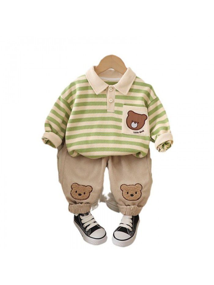 Children's Autumn Style Boys' Cute Striped Little Bear Polo Shirt Long Sleeve Sweater Pants Two Piece Set 