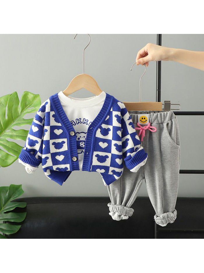 Children's autumn style girls' knitted cardigan jacket printed long sleeved T-shirt casual pants three piece set trend 