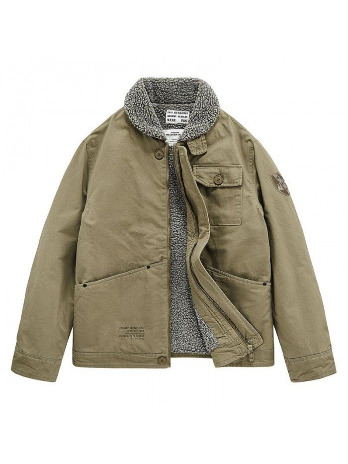 Winter lamb cashmere jacket, men's thickened cotton jacket, multi pocket deck suit, plush jacket