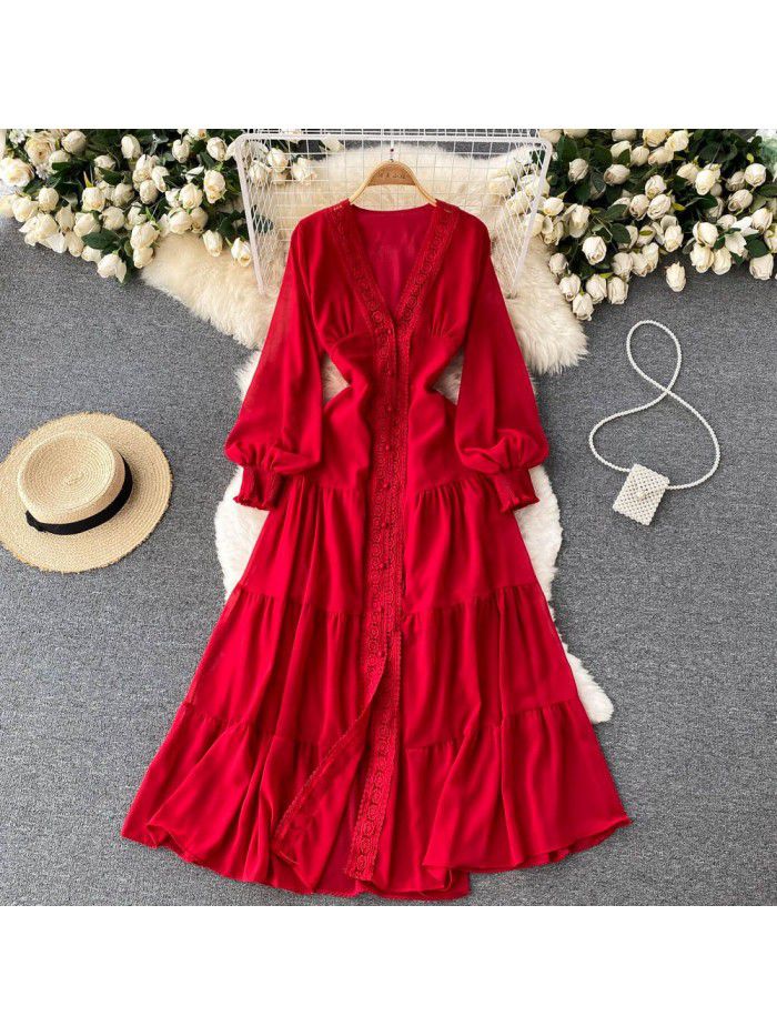 French style retro court lace V-neck high-grade dress with thin waist and single breasted large skirt 