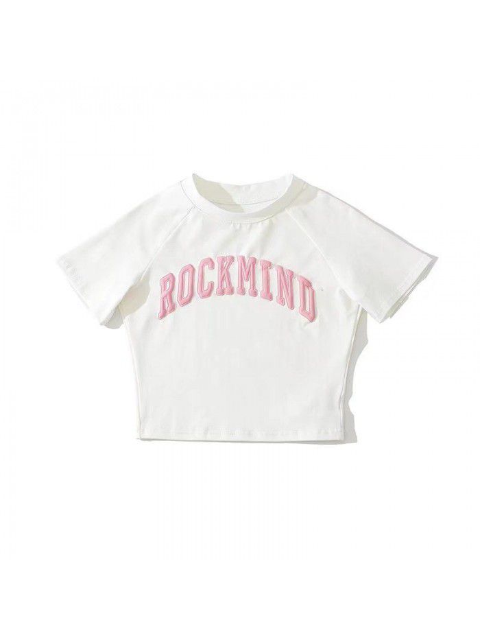 3D letter embroidery short sleeved t-shirt women's round neck short summer new design feeling slim fitting spicy girl exposed navel top 