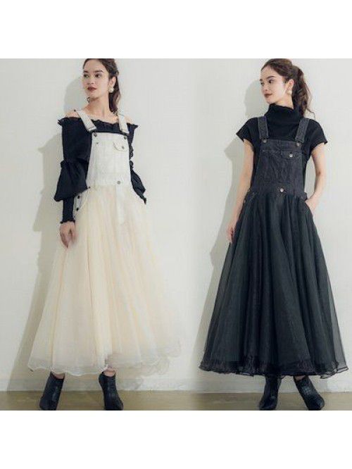 Autumn Strap Dress Japanese Spliced Mesh High Wais...