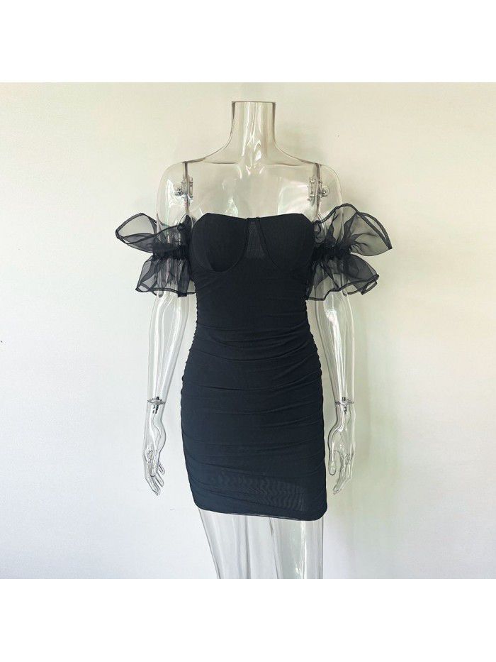 Mesh low cut bra wrap buttocks skirt Spicy girl style open back slim fitting elastic tight short skirt 
