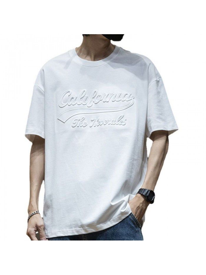 Black Short Sleeve T-shirt Men's Cotton Loose Large Men's Wear Men's Steel Print Boys' Top 