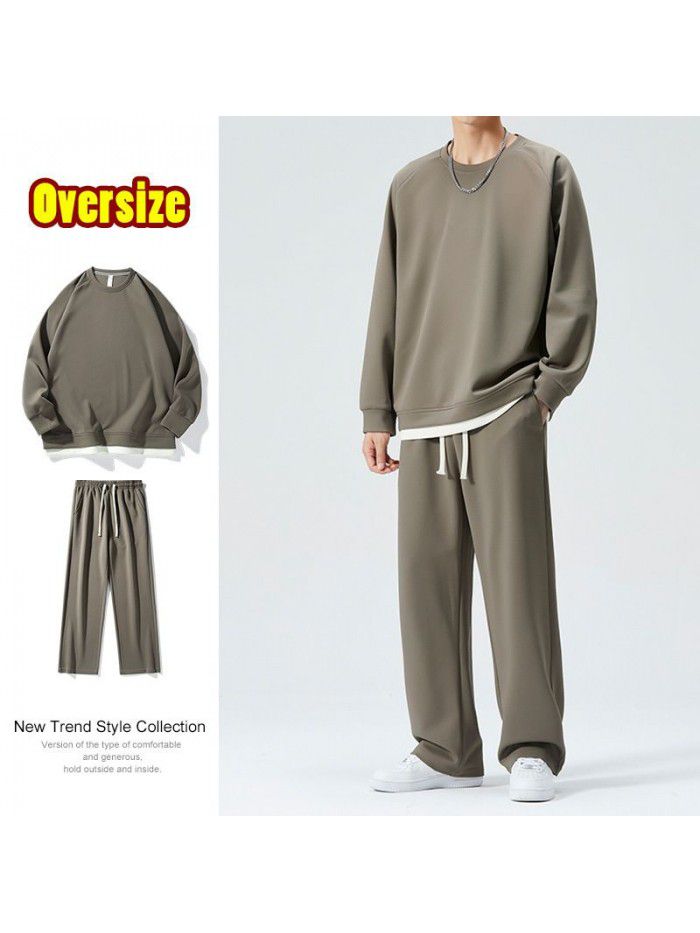 Spring and Autumn Leisure Sports Set Men's Loose Round Neck Sweater and Pants Two Piece Set for Daily Simple Homewear 