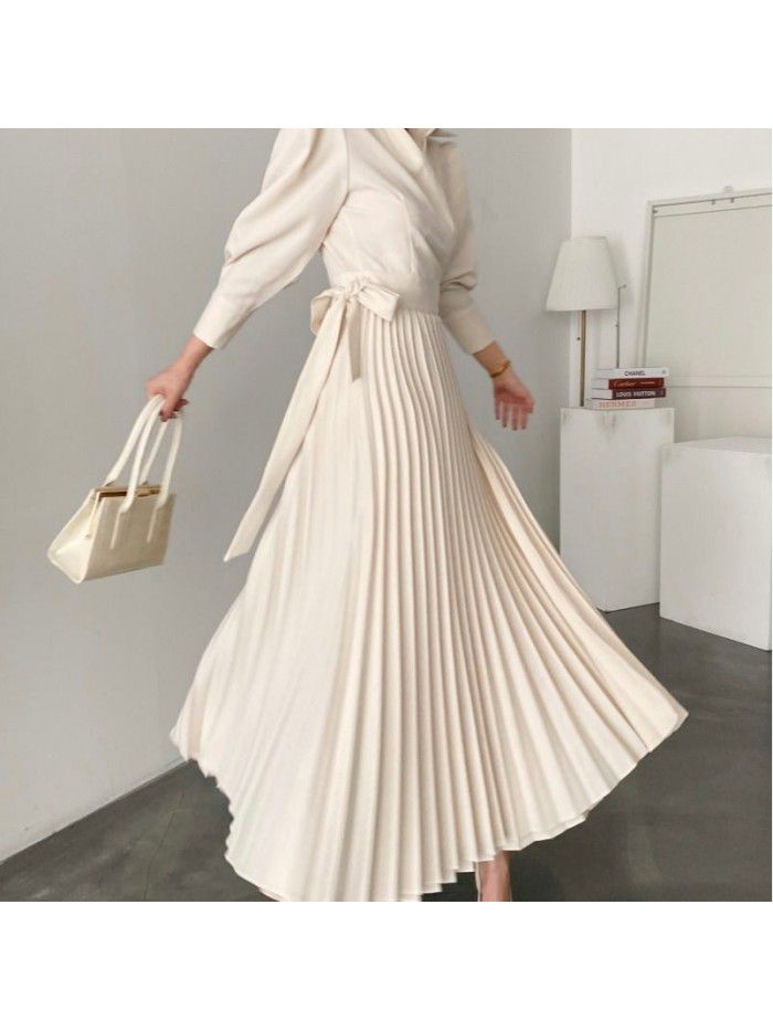 New lapel side bow tie waist show thin bubble sleeve pleated dress 