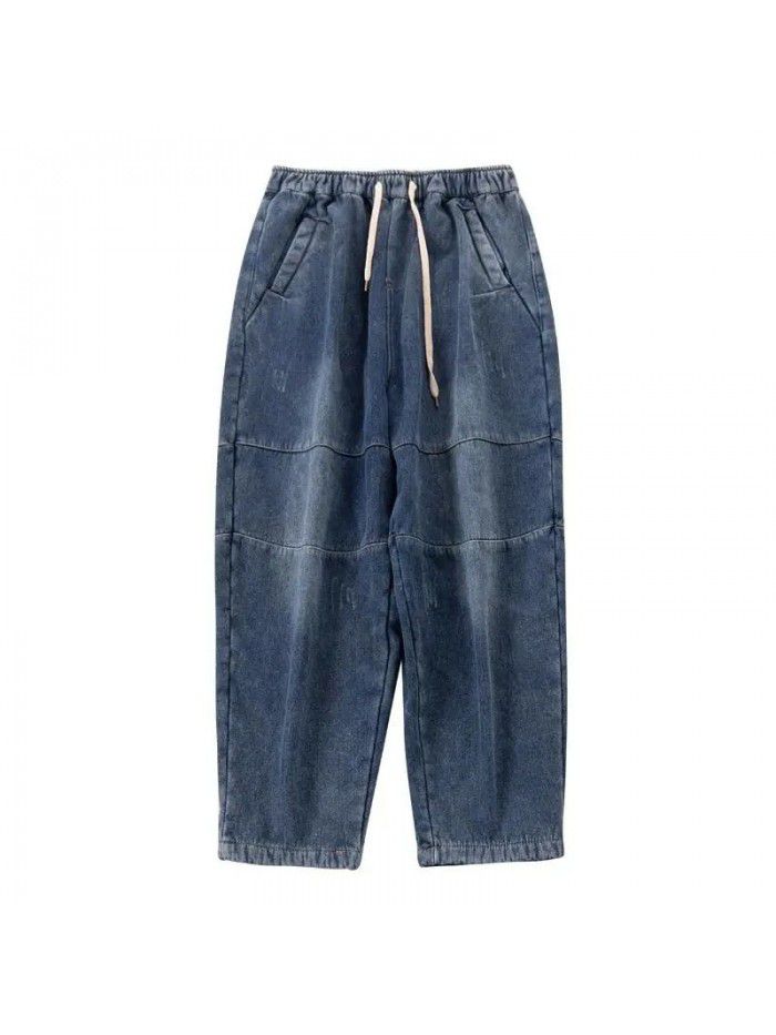 Large loose plush jeans women's new winter elastic waist patchwork Haren pants vintage daddy pants 