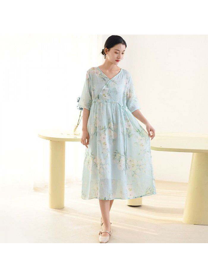 Cotton and linen women's clothing=new summer ramie printed dress for women with a slim V-neck and a retro Chinese long skirt 