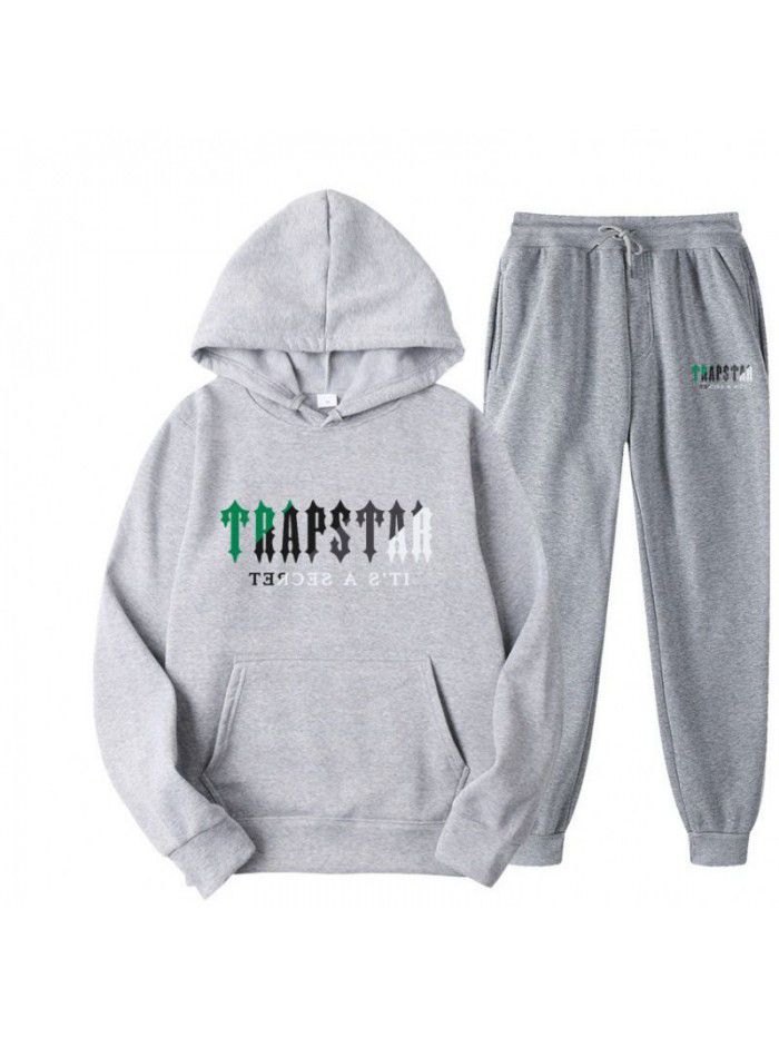 New men's hoodie set for spring, autumn, and winter, plush sweater, casual sports two-piece set 