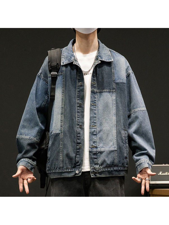 Large size patchwork denim jacket for men in spring and autumn, European and American retro loose top, casual Japanese work jacket