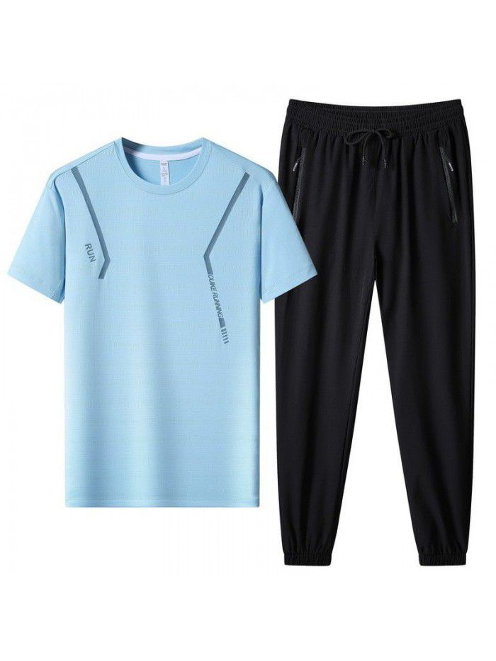 New High Quality Men's Ice Silk T-shirt Round Neck Short Sleeve Set Outdoor Sports Casual Pants Summer Two Piece Set 