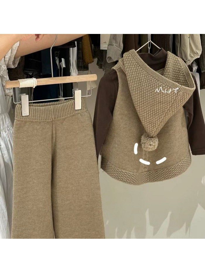 Winter New Girls' Solid Color Hooded Vest Sweater Two Piece Set Girls' Wide Leg Pants Knitted 