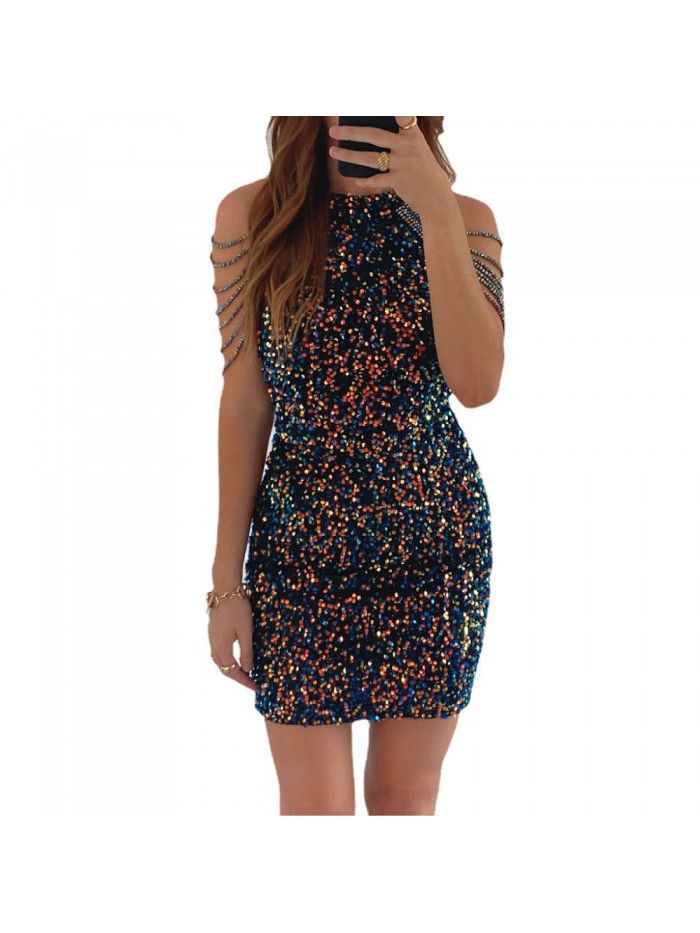 Sequin short dress dress spring and summer women's popular round neck sexy slim fringed dress 