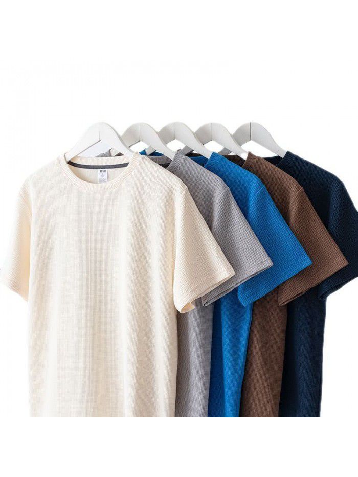 Short sleeved men's T-shirt Japanese vintage heavy weight coffee waffle men and women brown chocolate loose half sleeved summer 